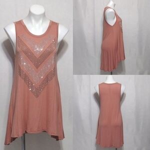 Vocal Rhinestone Embellished Sleeveless Swing Tunic Top M High Low Hem Y2K Chic
